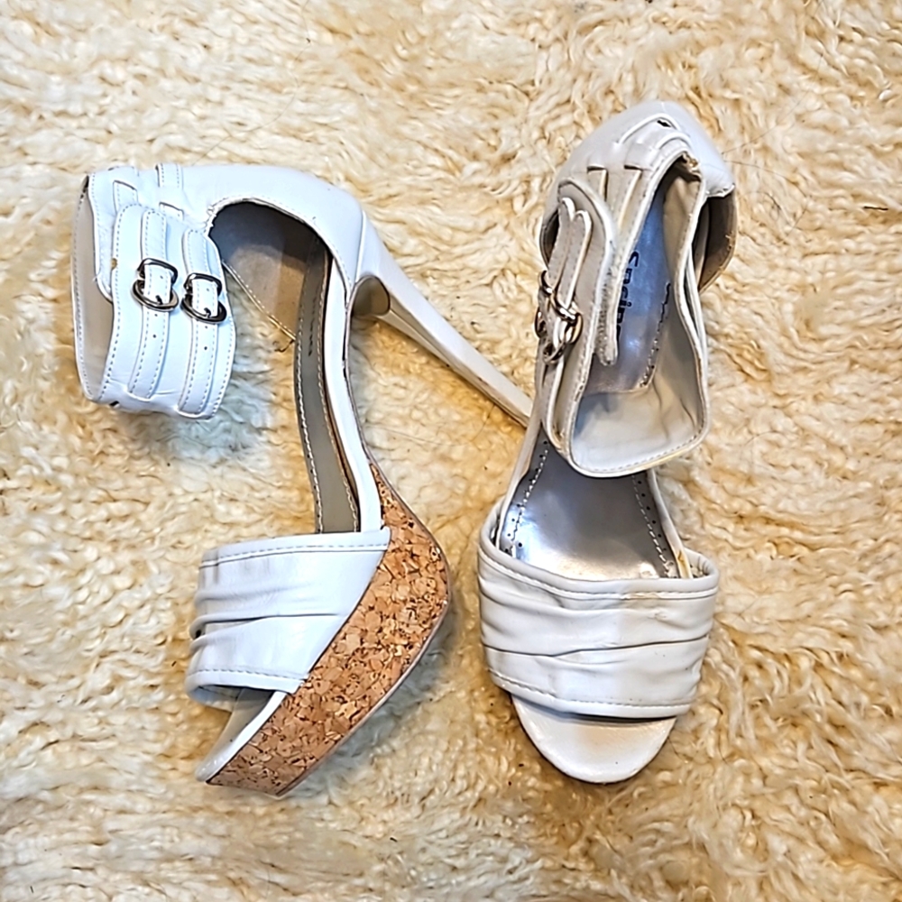 White leather wedge strap heels